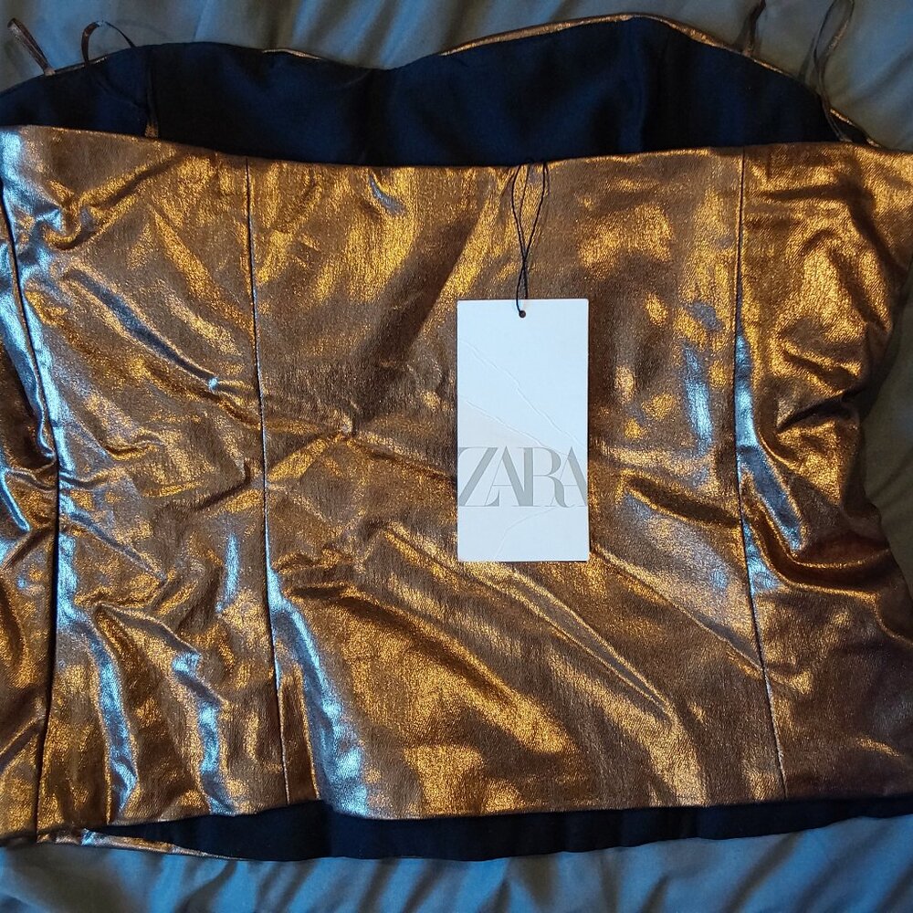 Bronz metallic strapless top